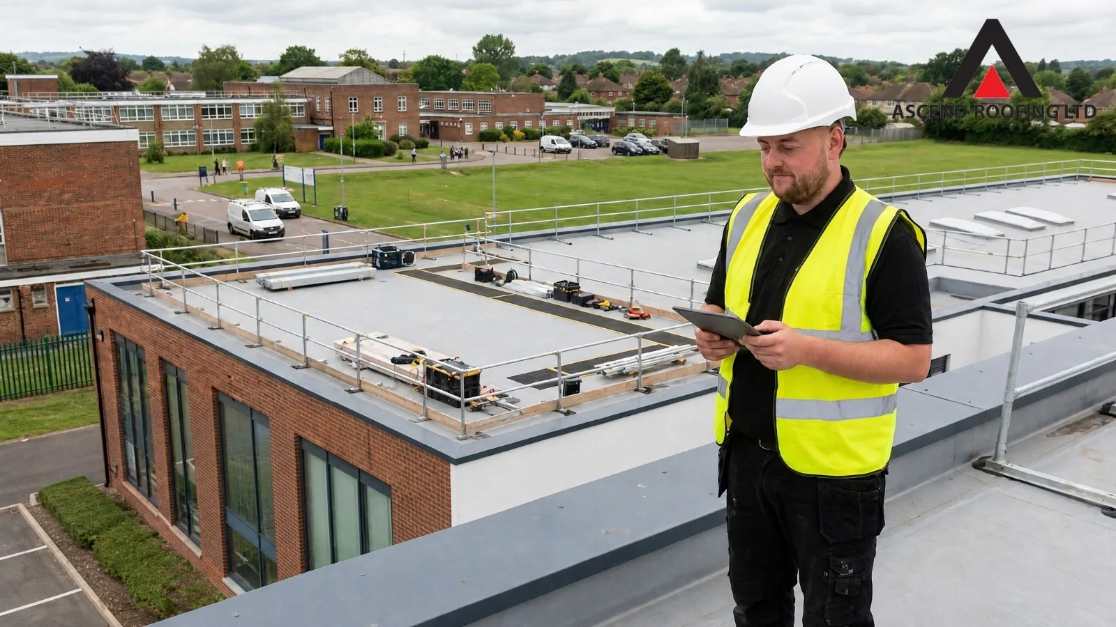 Ascend Roofing Ltd supervisor inspecting a flat roof on an occupied school building in Essex – low disruption roofing for schools